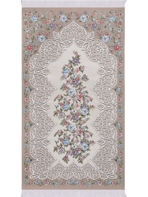 Bursa İpek Sütlü Kahve Floral Desen Ipeksi Goblen Seccade