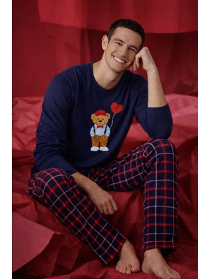 Koza İç Giyim Sevgililer Günü Erkek Pamuklu Ayıcık Baskılı Ekose Desenli Pijama Takımı
