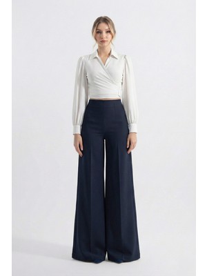 HOX'S Audrey | Dantel Garnili Toparlayıcı Yüksek Bel Palazzo Pantolon - Lacivert