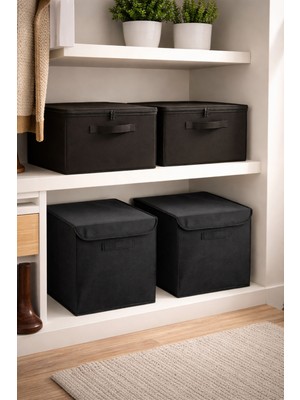 Prendi Home 4'lü Lüks Set 2 Adet Kapaklı Kutu ve 2 Adet  Destekli Siyah Hurç Dolap Içi Düzenleyici