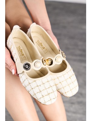 Yağmur Günlük Kadın Babet Lastikli Inci Altın Bant Oval Burun Ortopedik Rahat Ev Iş Ofis Ayakkabı 783