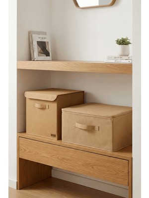 Prendi Home 2'li Avantaj Paketi Kapaklı Kutu ve  Destekli Bej Hurç Saklama Düzenleyici Seti