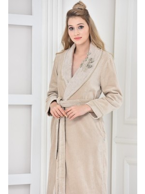 Ecocotton Masal Kadın Bornoz %100 Organik Pamuk El Nakışlı Bej