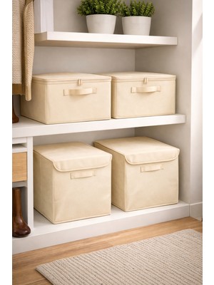 Prendi Home 4'lü Lüks Set 2 Adet Kapaklı Kutu ve 2 Adet  Destekli Krem Hurç Dolap Içi Düzenleyici