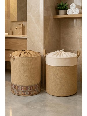 Prendi Home Ikili Jüt Sepet Seti Garnili Jüt Fileli ve Etnik Bohem Jüt Fileli Çok Amaçlı Sepet Seti