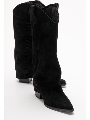 Luvi Velın Siyah Süet Hakiki Deri Dikişli Kadın Western Çizme