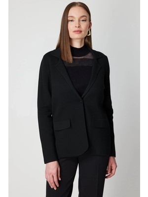 On Fashion Kadın Düğmeli Ceket Yaka Triko Siyah Hırka 63926
