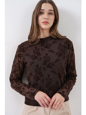 Hiccup Kadın Bdart Flok Baskılı Bisiklet Yaka Bluz Mocha Kahvesi