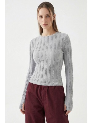 Hiccup Kadın Bdart Fitilli Bisiklet Yaka Uzun Kollu Bluz Gri