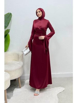 Tesettür Diyarı Fahar Beli ve Bilekleri Taşlı Korseli Saten Tesettür Abiye- Bordo
