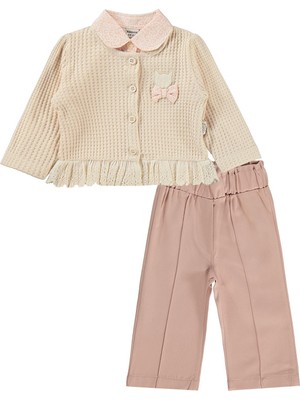 Lüks Kumru Tekstil Kumru Leopar Gömlek Dantelli Hırka 3 Lü 6-18 Ay Takım - Pudra 9-12 Ay