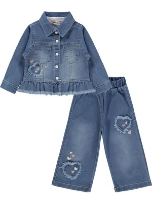 Lüks Kumru Tekstil Civil Girls Nakışlı Kot Ceket Pantolon 3 Lü 2-5 Yaş Takım - Mavi 2-3 Yaş