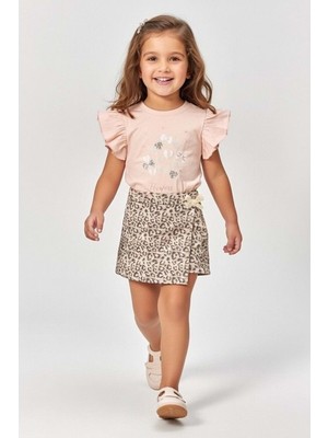 Mnk Baby & Kids Kız Çocuk Leopar Şort Etek & Fırfırlı Tişört 2li Tarz Kombin M00801