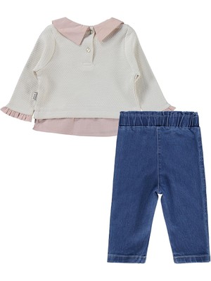 Lüks Kumru Tekstil Kumru Kalp Nakışlı 2 Li Kot 6-18 Ay Takım - Bej 6-9 Ay