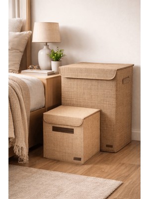Prendi Home Jüt Doğal Set Büyük Boy Jüt Kutu ve Kapaklı Jüt Saklama Kutusu Düzenleyici Seti