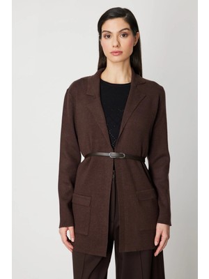 On Fashion Kadın Önü Açık Cepli Kemerli Kahverengi Hırka 69907