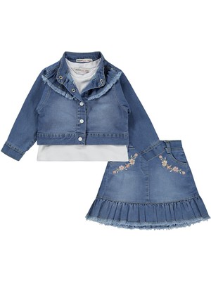 Lüks Kumru Tekstil Civil Girls Nakışlı Kot Ceket Etek 3 Lü 2-5 Yaş Takım - Mavi 4-5 Yaş