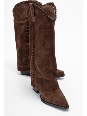 Luvi Velın Kahverengi Süet Hakiki Deri Dikişli Kadın Western Çizme