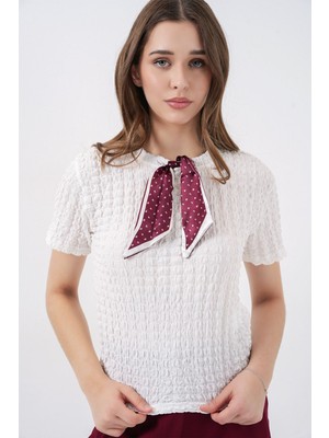 Hiccup Kadın Bdart Fular Detaylı Bisiklet Yaka Dokulu Bluz Beyaz