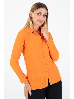 Nuevo Kadın Turuncu Jakarlı Dokulu Dokuma Uzun Kollu Gömlek – Şık & Rahat