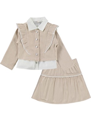Lüks Kumru Tekstil Civil Girls Fırfırlı Ceket Gömlek 3 Lü 2-5 Yaş Takım - Bej 2-3 Yaş