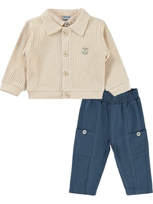 Lüks Kumru Tekstil Kumru Hırka Nakışlı Gömlek Pantolon 6-18 Ay Takım - Bej 6-9 Ay