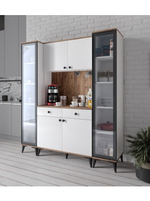 Afilli Demre Camlı 6 Kapaklı 2 Çekmeceli Kahve Köşeşi Beyaz Tamamı Mdf 180 cm