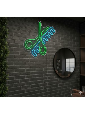 Neonled Erkek & Kadın Kuaför Makas ve Tarak Neon LED Figür Dizayn Dekoratif Aydınlatma (60X57 Cm) (Berber-Kuaför-Güzellik Salonu Neon LED Konsept)