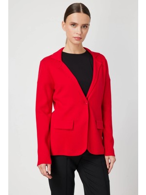 On Fashion Kadın Düğmeli Ceket Yaka Triko Kırmızı Hırka 63926