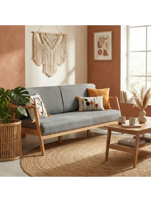 Favela Bohem Üçlü Berjer Natürel Ahşap, Gri