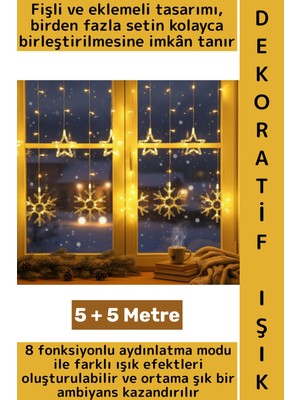 Wintoup Dış Mekan Balkon Vitrin Süsleme 8 Mod Fişli Eklemeli 5+5 Metre 10 Saçaklı Kar Tanesi Perde LED Işık