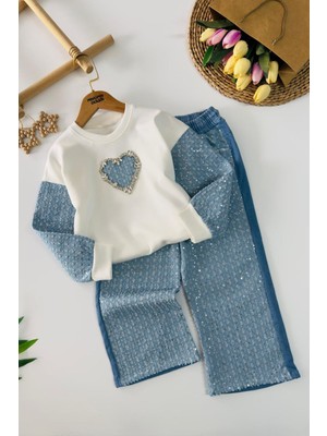 Miniğimin Cicileri Kalp Detaylı Payetli Kot Pantolonlu Kız Çocuk 2 Li Takım - Beyaz