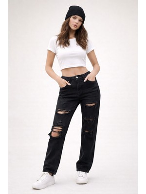Madame Melek Kadın Yüksek Bel Mom Fit Yırtık Detaylı Kot Pantolon