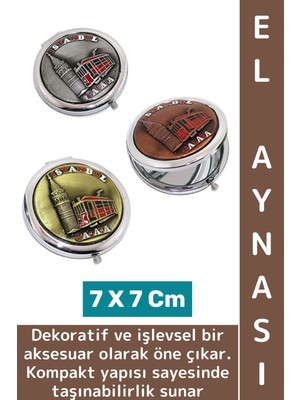 Wintoup Çanta Cep Boy Dekoratif Hediyelik Çok Şık Estetik Kabartmalı Istanbul Motifli Metal El Aynası 7 cm