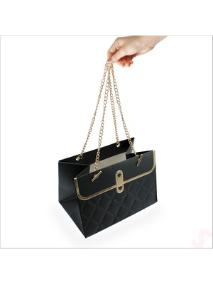 Süsle Bebek ve Parti Zincir Askılı Karton Hediye Çantası 15×11×10 cm – Siyah
