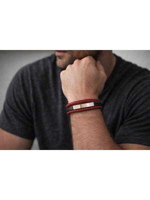 Herşey Nota Bordo Hakiki Deri Çoklu Örgü Erkek Bileklik – Metal Plakalı, Mıknatıslı Tokalı