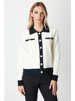 On Fashion Kadın Gömlek Yaka Cepli Ekru Hırka 65924