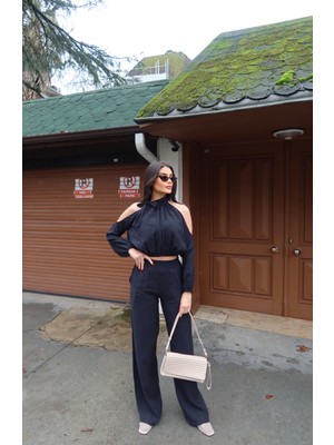 Kechi Woman Tensel Kumaş Kadın, Cold Shoulder Bluz ve Geniş Paça Pantolon, Uzun Kollu Iki Parça Set