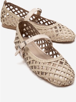 Luvi Doux Bej Örgü Dokulu Bant Detaylı Kadın Babet Ayakkabı