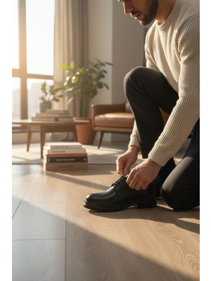 Enoch Hakiki Deri Siyah Derbi Kesim Kalın ve Tırtıklı Tabanlı Erkek Klasik Ayakkabı