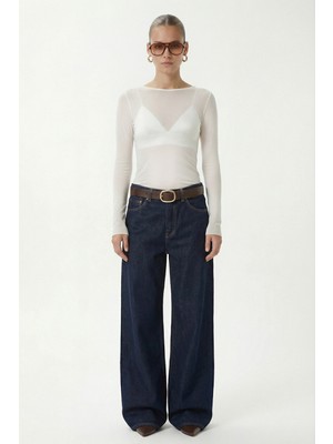 Ritnice Kadın Scarlet Yarı Transparan Kayık Yaka Ultra Hafif  Ekru Örme Bluz