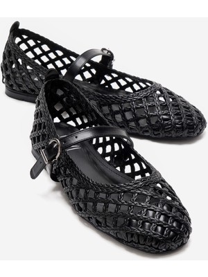 Luvi Doux Siyah Örgü Dokulu Bant Detaylı Kadın Babet Ayakkabı