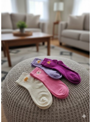 - 4'lü Güneş Ay Yıldız Bulut Desenli 9-10 Yaş Pudra Kokulu Kız Çocuk Çorabı