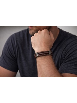 Herşey Nota Kahverengi Çok Katmanlı Hakiki Deri Erkek Bileklik – Metal Detaylı, Mıknatıslı TOKALI-148