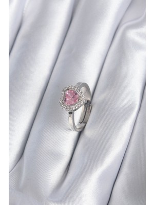Hkursat Pirinç Gümüş Renk Pembe Zirkon Taşlı Charm Model Kadın Yüzük