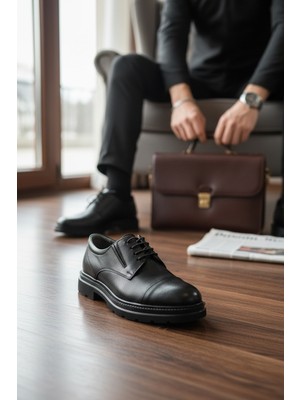 Enoch Hakiki Deri Kahverengi Mikro Dokulu ve Cap-Toe Bağcıklı Kalın Taban Erkek Klasik Ayakkabı