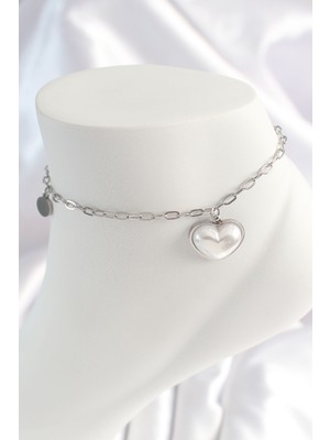 Hkursat 316L Çelik Gümüş Renk Zincir Model 3D Kalp Beyaz Kalp Figür Kadın Halhal