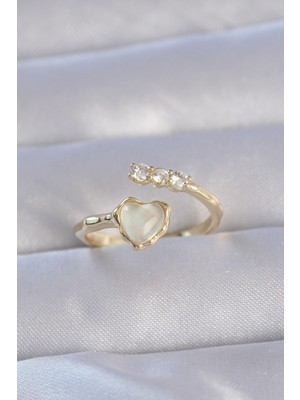Hkursat Pirinç Gold Renk Zirkon Taşlı Sedefli Kalp Model Ayarlanabilir Yüzük