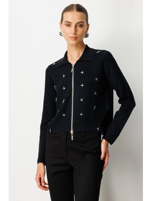 On Fashion Kadın Polo Yaka Zımbalı Fermuarlı Siyah Hırka 65905