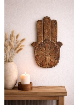 Ocean Point El Oyması Akaju Ahşap Hamsa Duvar Dekoru, Doğal & Bohem, El Işçiliği Duvar Süsü, 25X40 cm